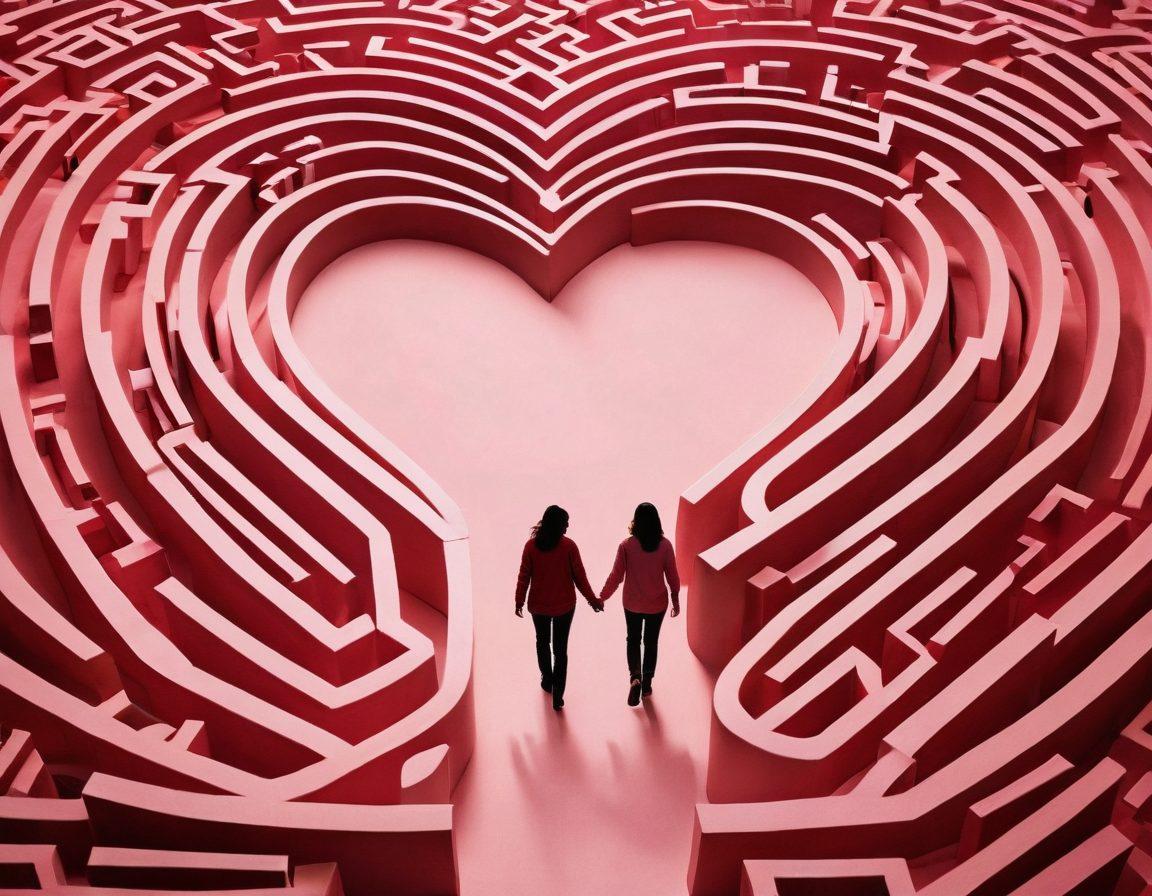 A heart-shaped maze symbolizing deep emotional connections, with two silhouettes navigating through it hand in hand, surrounded by vibrant and warm colors representing love and empathy. Include a soft gradient background that transitions from deep red to a light pink, adding a sense of warmth and depth. The overall atmosphere should feel inviting and intimate, reflecting the theme of tough love and strong bonds. super-realistic. vibrant colors. soft gradient.
