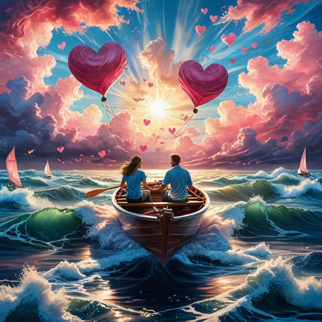 A couple sailing on a small boat through turbulent waves, with hearts floating around them, symbolizing deep emotional connections. The sky is a blend of dramatic blues and pinks, reflecting the elation and struggles of love. Incorporate gentle sunlight breaking through the clouds, illuminating the couple’s expressions of determination and tenderness. super-realistic. vibrant colors. 3D.