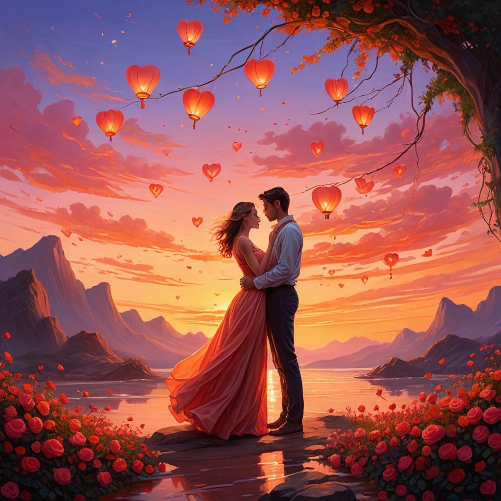 A whimsical scene of a couple entangled in a swirl of vibrant hearts and shadows, symbolizing love and heartache. Surround them with delicate flowers and thorny roses, representing the beauty and pain of relationships. The sky should show a gradient of warm sunset colors, reflecting passion and longing. Include soft, dreamlike elements like floating lanterns to enhance intimacy. surrealism. vibrant colors. soft focus.